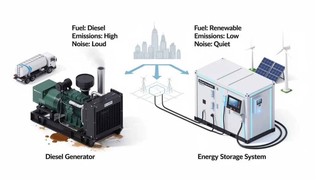 Comparison of reliable energy supply showing how battery energy storage systems replace diesel generators and conventional fuels in modern energy systems; renewable energy technologies produce energy and generate power from solar technologies including solar panels, solar photovoltaics and photovoltaic panels, wind farms and wind turbines, hydropower plants, geothermal plants and enhanced geothermal systems, as well as ocean energy, tidal energy and kinetic energy; stored electrical energy is released through the electrical grid to supply electricity for cities, power plants, space heating and direct heating, while reducing air pollution, greenhouse gas emissions and carbon dioxide from fossil fuels, natural gas, burning biomass and other organic materials; energy derived from renewable sources makes a significant contribution to the country’s electricity mix and energy mix, supporting clean energy, renewable electricity, net zero emissions, climate change mitigation and reliable energy for future generations in developing countries.